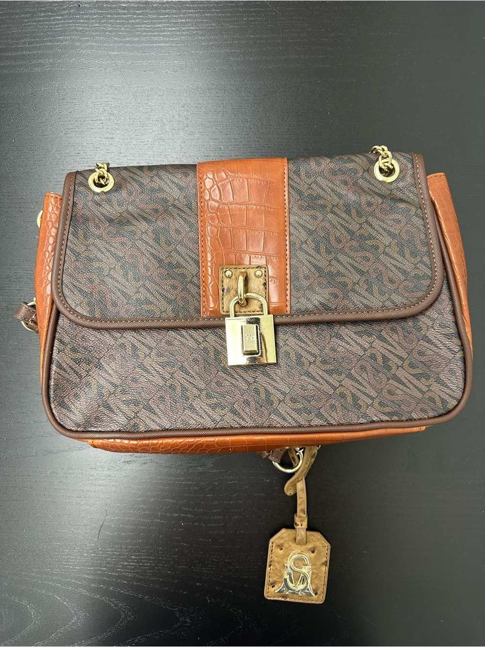 Steve Madden Brown Patterned Shoulder Bag with Tan Trim and Gold Hardware